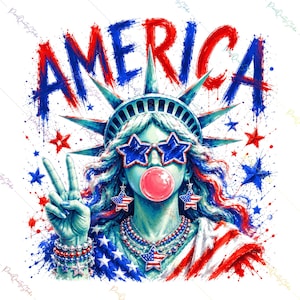 May include: A graphic illustration of the Statue of Liberty wearing star-shaped sunglasses and blowing a pink bubblegum bubble. The figure makes a peace sign, wears star-patterned earrings and a necklace, with the word AMERICA in red and blue.