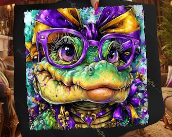 Lindo caimán de Mardi Gras PNG, sublimación de caimán con lazo coqueto, arte animal con gafas moradas, chica de carnaval de Nueva Orleans PNG, Martes Gordo de Nueva Orleans