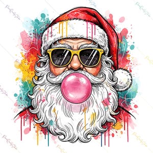 Puede incluir: Ilustración en acuarela de Papá Noel con gafas de sol amarillas y un gorro rojo. Papá Noel tiene barba blanca y una burbuja rosa. El fondo presenta salpicaduras de pintura coloridas.