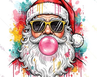 Retro Santa Christmas Blowing Bubble PNG, Funny Santa With Sunglasses Xmas, Vintage Merry Christmas PNG, Holiday Sublimation Digital