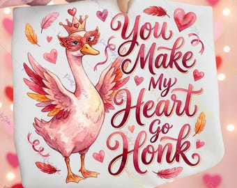 Mi fai suonare il clacson PNG / Acquerello di San Valentino con oca sciocca / Maschera a corona con cuore rosa stampata a sublimazione / Download del design per maglietta con uccello divertente