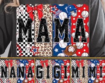 Mamá beisbolera PNG / Mamá deportista PNG / Diseño de camiseta de béisbol para mamá / Mamá con lazo coqueto PNG / Mamá leopardo PNG / Mamá beisbolera Mimi Gigi Nana