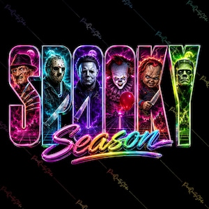 Puede incluir: Un diseño gráfico que presenta el texto SPOOKY SEASON en letras negritas y coloridas. Cada letra contiene una ilustración detallada de un personaje de película de terror, incluyendo a Freddy Krueger, Jason Voorhees, Michael Myers, Pennywise, Chucky y Frankenstein.