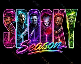 Neon Spooky Season PNG, Retro Horror Inspired Halloween Shirt Design, Vintage Scary Movie Aesthetic, Glowing Halloween Sublimation