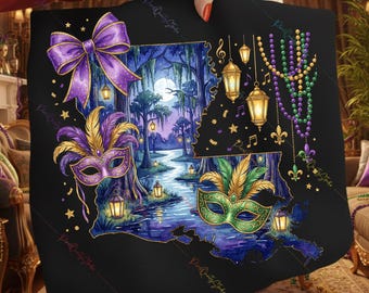 Louisiana Map PNG, Mardi Gras Bayou Sublimation, Night Swamp Art, New Orleans Masquerade Design, NOLA State Shape, Fat Tuesday Bow