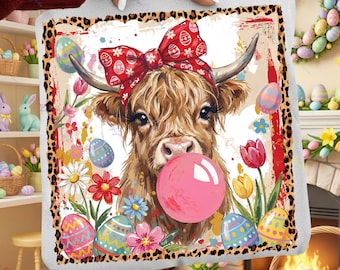 Vaca de Pascua de las Tierras Altas PNG / Vaca de Pascua con Goma de Mascar PNG / Linda Vaca Floral de Primavera PNG / Descarga Digital Colorida de Vaca de Pascua de las Tierras Altas