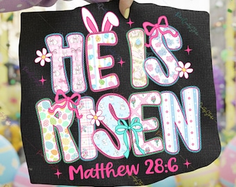 Él ha resucitado PNG / Conejo de Pascua cristiano PNG / Escritura de Mateo 28:6 PNG / Coquette Preppy Pascua PNG Descarga digital