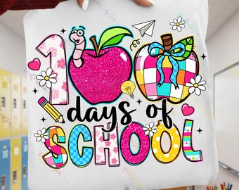 100 Days of School PNG, Cute Pink Apple Sublimation, Girly Teacher Shirt Design, Coquette Bow Checkered Art, 100th Day Student, Glitter