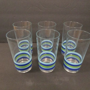 VintAge Libby Set 6 Drink Glasses Mid Century Striped Peach Teal White