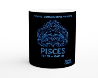 Pisces Zodiac Mug – Neon Graffiti Astrology Art, Black Ceramic