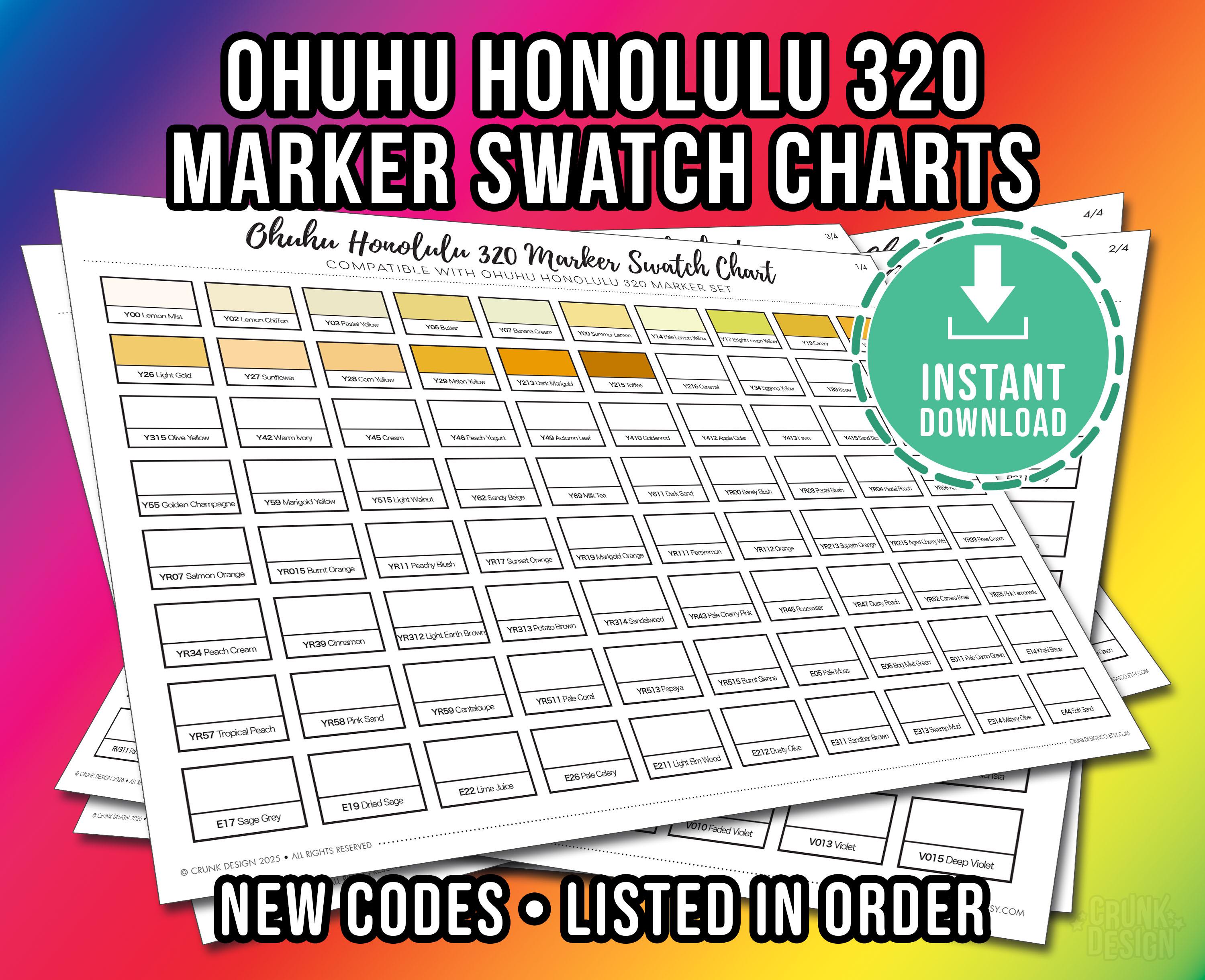 Ohuhu Honolulu 320 Marker Swatch Chart Printable PDF • New Codes ...