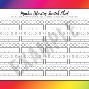 Blank alcohol marker blending swatch sheet landscape layout with colour circles, blending area and marker code boxes