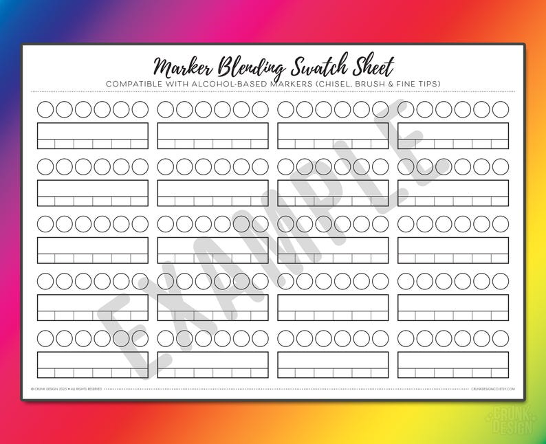 Blank alcohol marker blending swatch sheet landscape layout with colour circles, blending area and marker code boxes