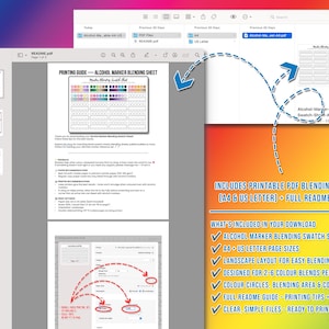 Alcohol marker blending swatch sheet digital download bundle showing printable PDF files and readme guide with printing and how-to instructions