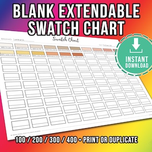 May include: A white blank extendable swatch chart with the text "BLANK EXTENDABLE SWATCH CHART" at the top. The chart has multiple empty boxes for color swatches. A green circle with the words "INSTANT DOWNLOAD" is on the right.