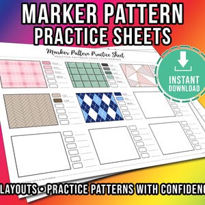 Könnte beinhalten: Marker-Muster-Übungsblätter mit verschiedenen Musterlayouts. Die Blätter enthalten ein rosa Karomuster, grüne Quadrate und ein blaues Argyle-Muster. Der Text lautet "Marker Pattern Practice Sheets" und "Instant Download."