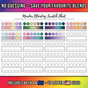 Example alcohol marker blending swatch sheet filled in to show 2–6 colour blends recorded as a colour recipe and marker blend reference
