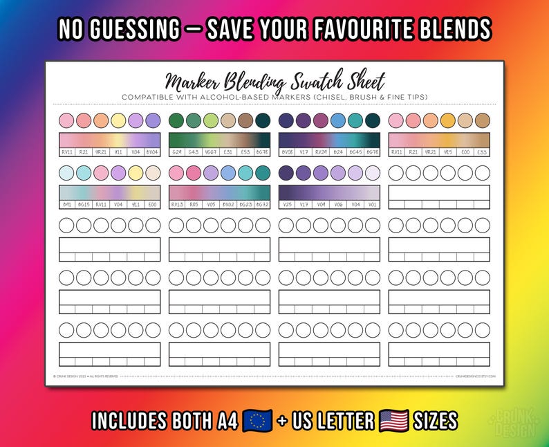 Example alcohol marker blending swatch sheet filled in to show 2–6 colour blends recorded as a colour recipe and marker blend reference