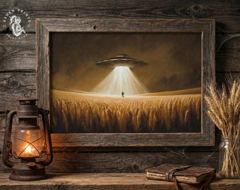 UFO Abduction Wall Art Print – Vintage Sci-Fi Oil Painting Style | Digital Download