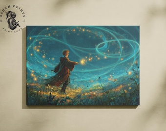Fantasy Wizard Art Print – Magical Starlit Field (Digital Download)