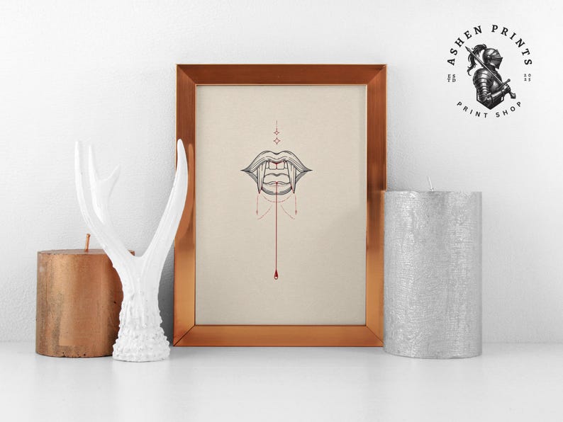 Minimalist Vampire Fangs Line Art Print – Gothic Home Decor (digital ...