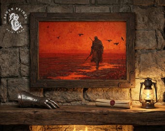 Gothic Knight Art Print – Red Sunset Fantasy, Medieval Warrior (Digital Download)