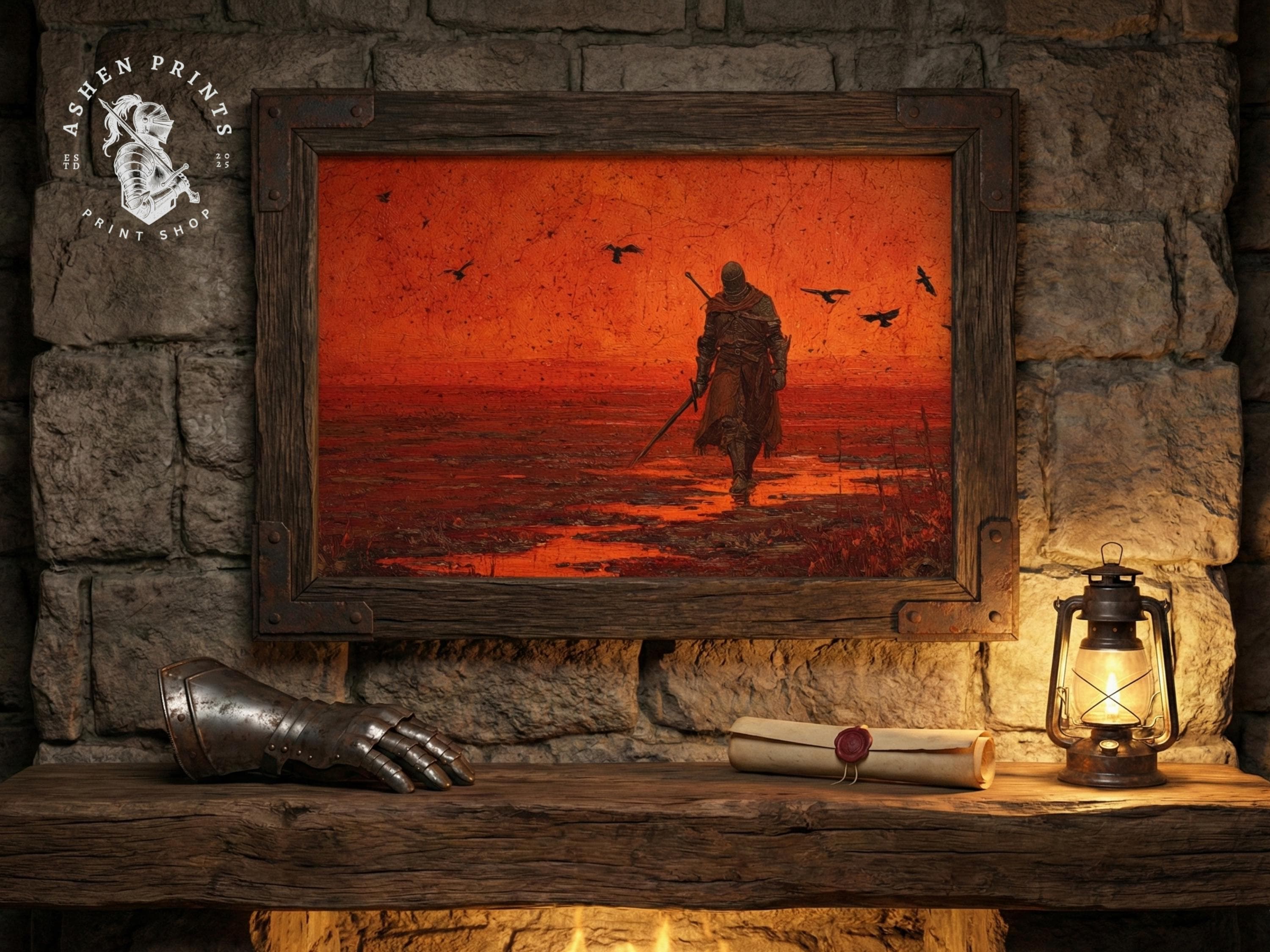 Gothic Knight Art Print – Red Sunset Fantasy, Medieval Warrior (digital ...