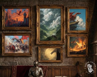 Paquete de arte de fantasía épica: 6 láminas de pared de galería de dragones y héroes medievales (descarga digital)