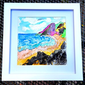 Sandy Shores, dipinto originale ad acquerello di piccole dimensioni, 9"x9", senza vetro, cornice in legno, arte semi-astratta, colorato, conveniente, impressionista, Regno Unito