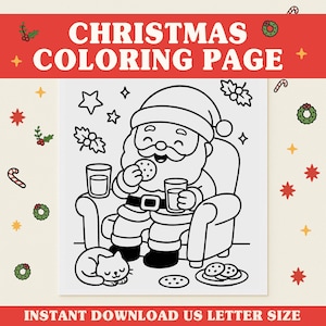Santa Coloring Page for Kids • Cute Christmas Coloring Sheet • Santa Eating Cookies Printable • Holiday Activity • Instant Download