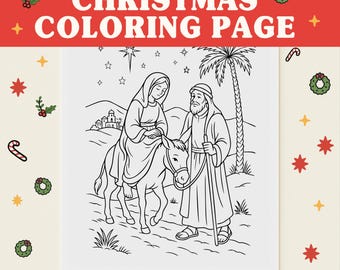 Nativity Coloring Page • Mary and Joseph Journey to Bethlehem • Christian Christmas Coloring Sheet for Kids • Printable Bible Activity