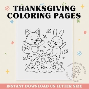 Página de Colorir Raposa e Coelhinho de Ação de Graças • Folhas de Outono • Atividade Infantil Fofa • Ladda ner Instantâneo