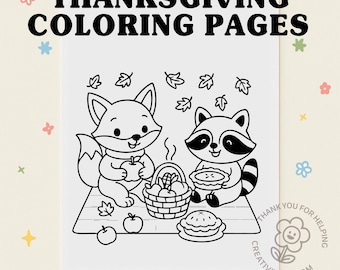 Fall Picnic Coloring Page Cartoon Fox and Raccoon Coloring Sheet for Kids Fall Activity Printable Holiday Craft Instant Download
