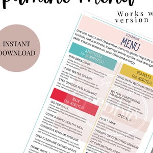 Może przedstawiać: Edytowalne menu "Dopamina" z logo Canva. Menu ma na celu regulację układu nerwowego i redukcję stresu. Zawiera sekcje dla przystawek, dań głównych, deserów, dodatków i ofert specjalnych.