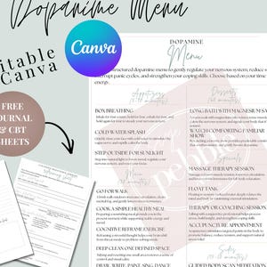 Może przedstawiać: Cyfrowe pobieranie z "Menu Dopaminy" dla samoopieki, logo Canva i "Bezpłatne arkusze dziennika i CBT". Menu zawiera działania takie jak oddychanie i masaż. Projekt jest czarno-biały.