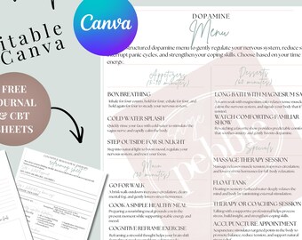 Dopamine Menu Printable for Busy Women Stress Relief Toolkit Editable in Canva Anxiety Coping Skills Panic Attack Help Nervous System Reset