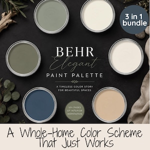 May include: A Behr Elegant paint palette 3 in 1 bundle featuring six open paint cans in shades of sage green, off-white, deep blue, and beige. The text reads Behr Elegant Paint Palette, A Timeless Color Story For Beautiful Spaces, 50+ Pages Of Interior Inspiration, and A Whole-Home Color Scheme That Just Works.