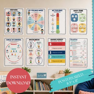 May include: A set of eight educational posters featuring emotional regulation tools, including a feelings wheel, a thermometer, a zone chart, a circle of control, brain break activities, grounding techniques, and breathing exercises, each 8.5 by 11 inches.