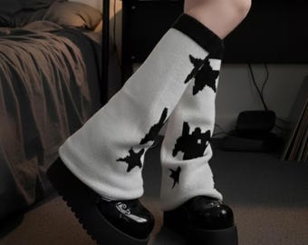 Y2K Knitted Kawaii Leg Warmers, Star Cat Harajuku Socks, Grunge Goth Platform Boot Cover
