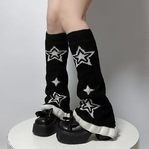 Cubrebotas acampanados de punto grunge Harajuku, calentadores de piernas con estrellas negras Y2K, medias holgadas de invierno