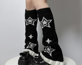 Flared Harajuku Grunge Knit Boot Covers, Y2K Black Star Leg Warmers,  Winter Slouchy Legwear,
