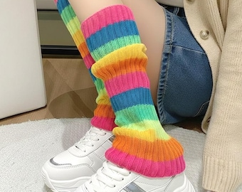 Scaldamuscoli in maglia arcobaleno, copristivali a righe colorate, calzini Harajuku Y2K, calze Kawaii Balletcore