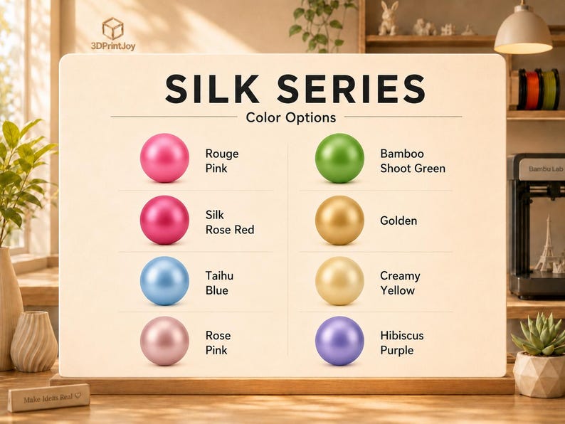 Pu&ograve; includere: Una tabella colori intitolata SILK SERIES che mostra otto sfere in varie tonalit&agrave; metalliche: Rouge Pink, Silk Rose Red, Taihu Blue, Rose Pink, Bamboo Shoot Green, Golden, Creamy Yellow e Hibiscus Purple, ognuna etichettata con il nome.