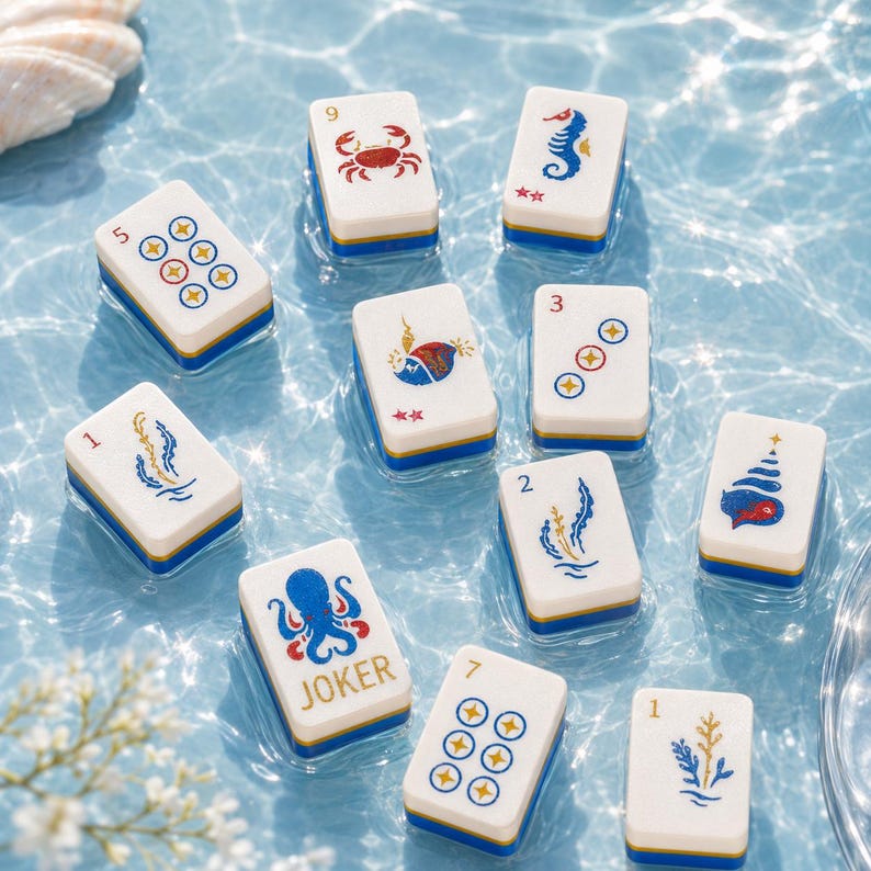 May include: A collection of white and blue Mahjong tiles with various illustrations, including a crab, seahorse, and octopus. The tiles are floating in water, creating a serene and playful scene. The word "JOKER" is printed on one tile.