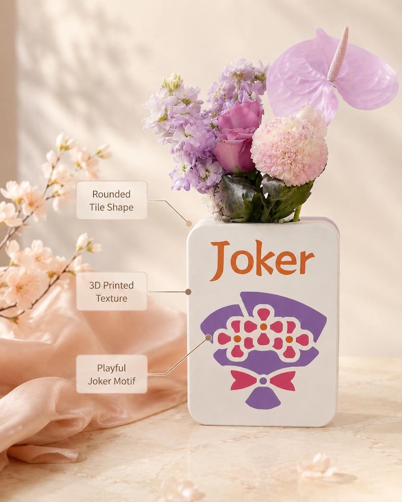 May include: A white ceramic vase with the word "Joker" in orange, holding a bouquet of purple, pink, and white flowers. The vase has a 3D printed texture and a playful Joker motif with a bouquet design.