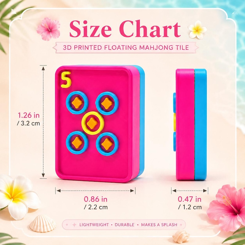 Puede incluir: Una tabla de tallas para una ficha de mahjong flotante impresa en 3D, con una ficha rosa y azul con un n&uacute;mero 5 amarillo y cinco s&iacute;mbolos circulares amarillos y azules. Dimensiones: 3,2 cm por 2,2 cm por 1,2 cm. Texto: Size Chart.