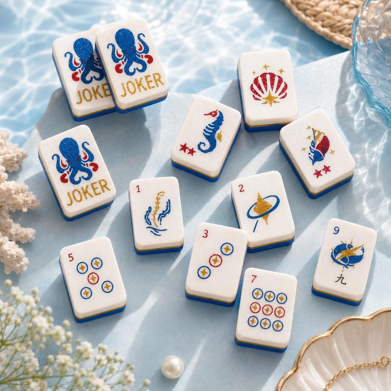 May include: A collection of white and blue Mahjong tiles with various illustrations, including an octopus, seahorse, and shell. Some tiles display numbers and symbols. The tiles are arranged on a light blue surface, with the word "JOKER" visible on some.