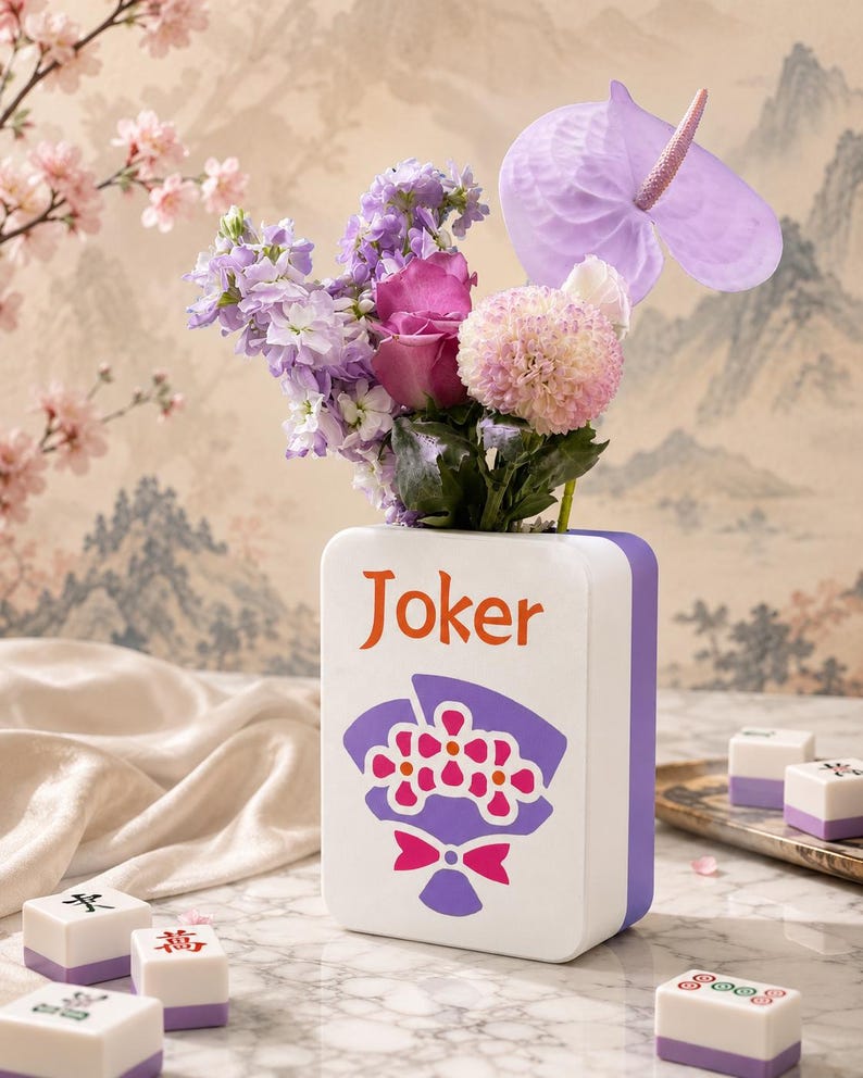 May include: A white and purple ceramic vase with the word "Joker" in orange, holding a bouquet of purple, pink, and white flowers. The vase has a floral design. Several Mahjong tiles are in the foreground.