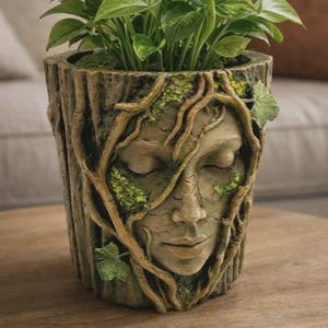 May include: A decorative planter with a face carved into the front. The planter is a light brown color with green moss and vines. The planter is filled with green leafy plants.