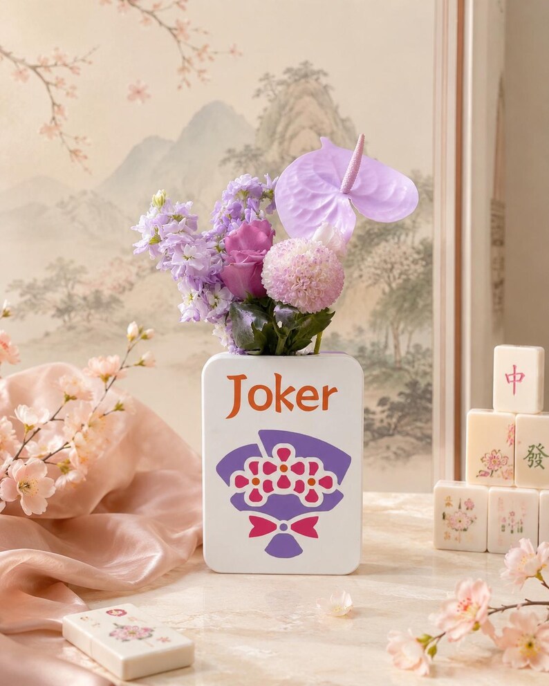 May include: A white ceramic vase with the word "Joker" in orange lettering and a purple floral design. The vase holds a bouquet of purple and pink flowers. Mahjong tiles and a box are in the background.